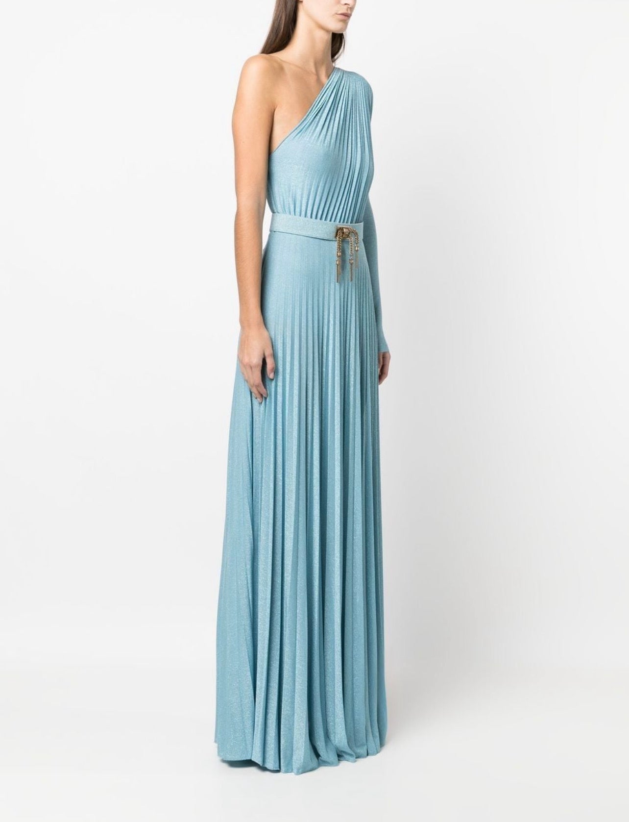one-shoulder pleated gown