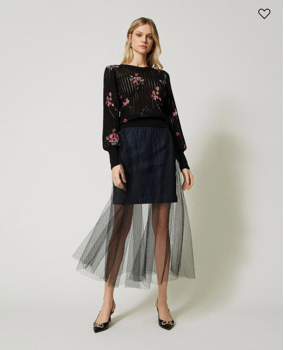 Long tulle and denim skirt