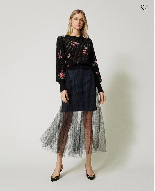 Long tulle and denim skirt