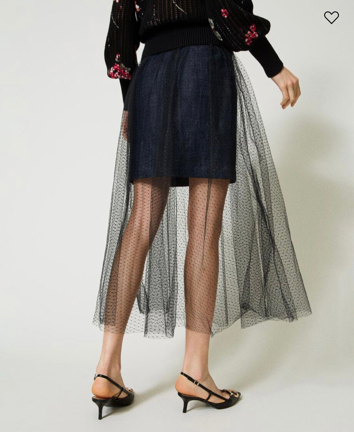 Long tulle and denim skirt