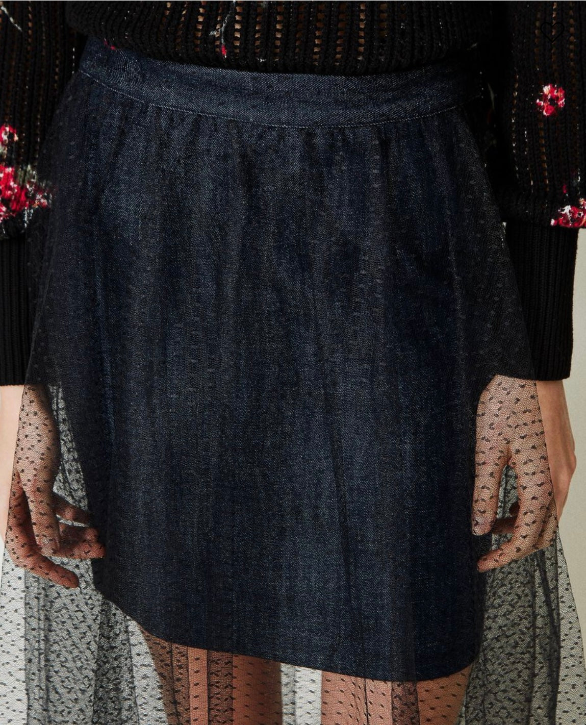 Long tulle and denim skirt