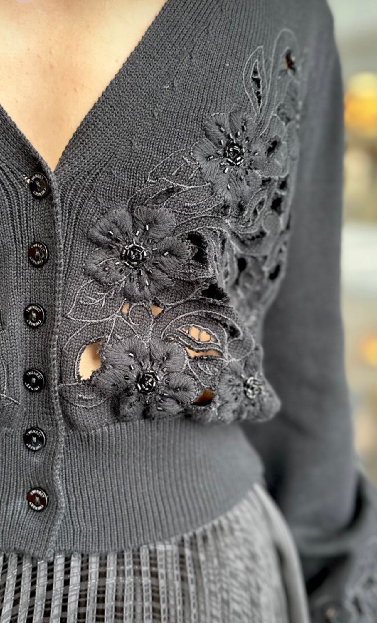 Cardigan with floral bead embroidery