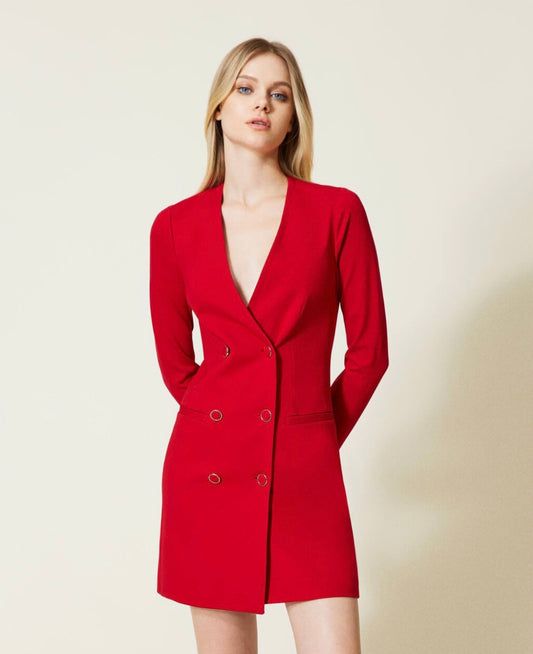 Short double-breasted dress with covered buttons