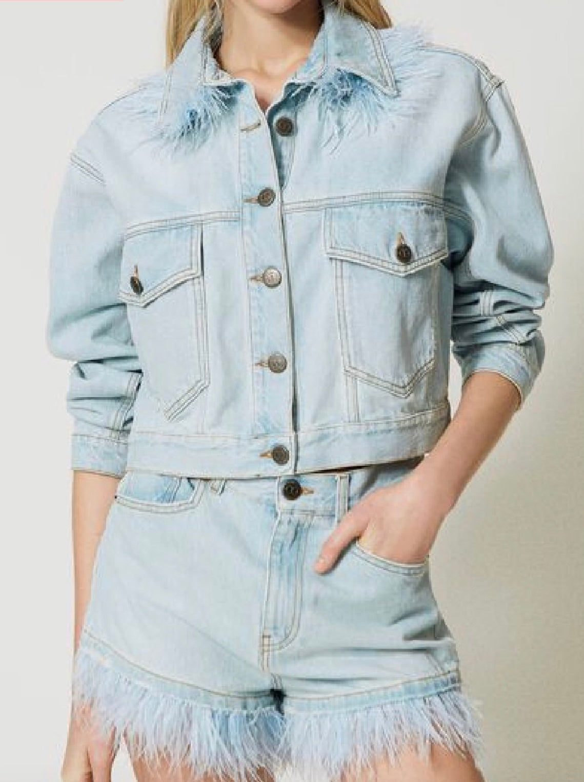 Twin-Set Denim shorts with feathers