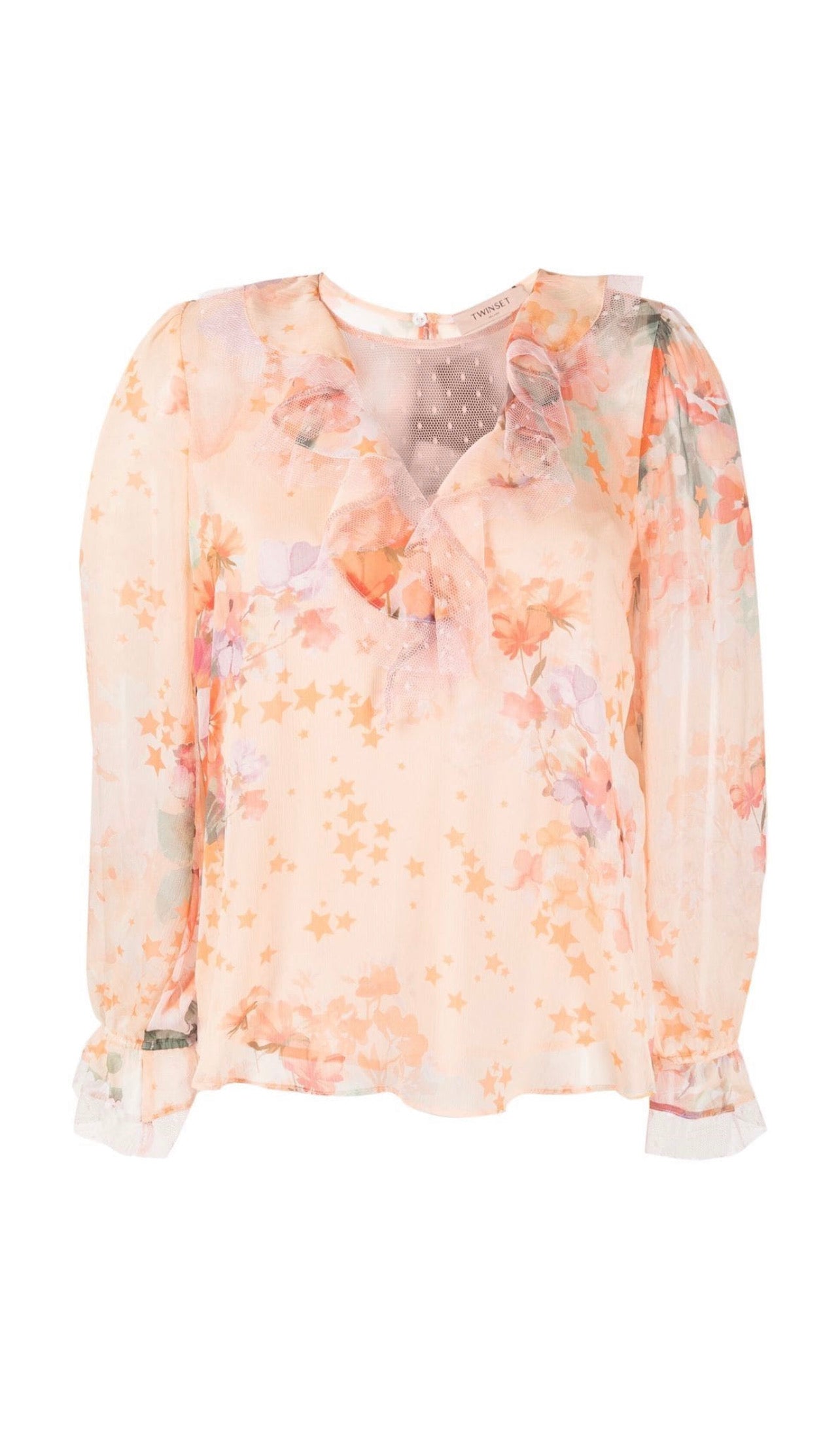 Ruffled floral and star-print blouse