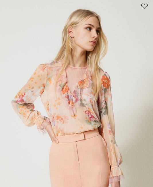 Ruffled floral and star-print blouse