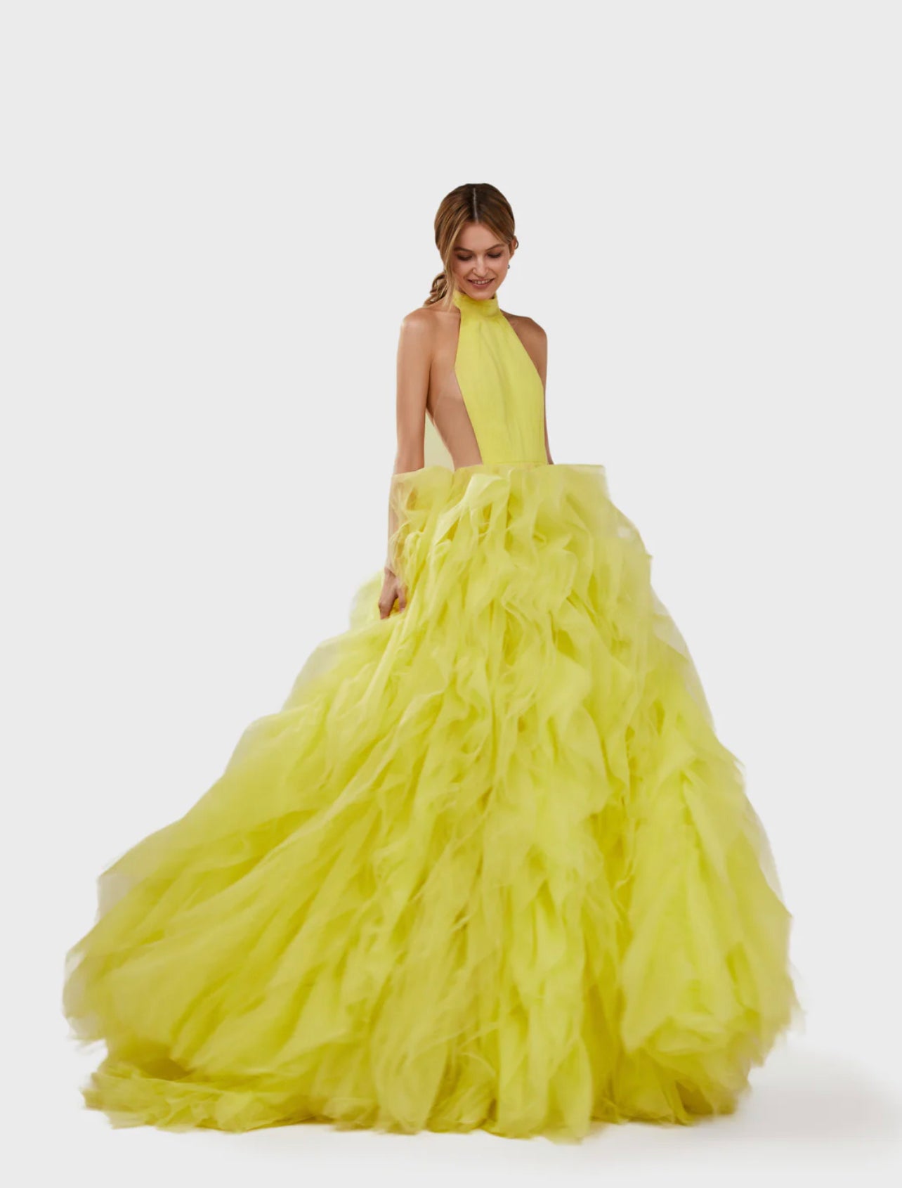 Turtleneck festive yellow evening gown