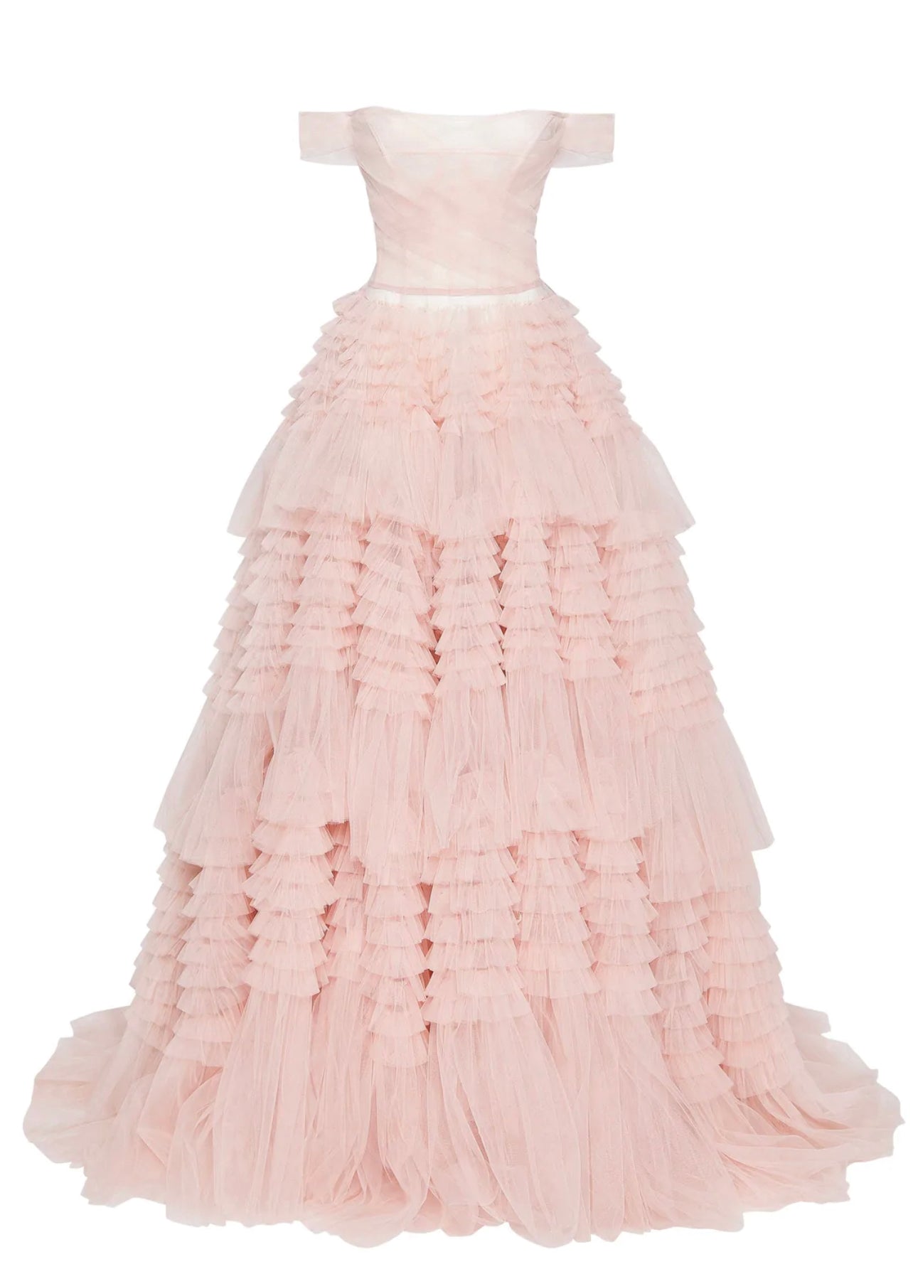 Misty Rose Off-The-Shoulder Frill-Layered Gown