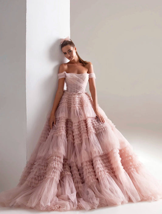 Misty Rose Off-The-Shoulder Frill-Layered Gown