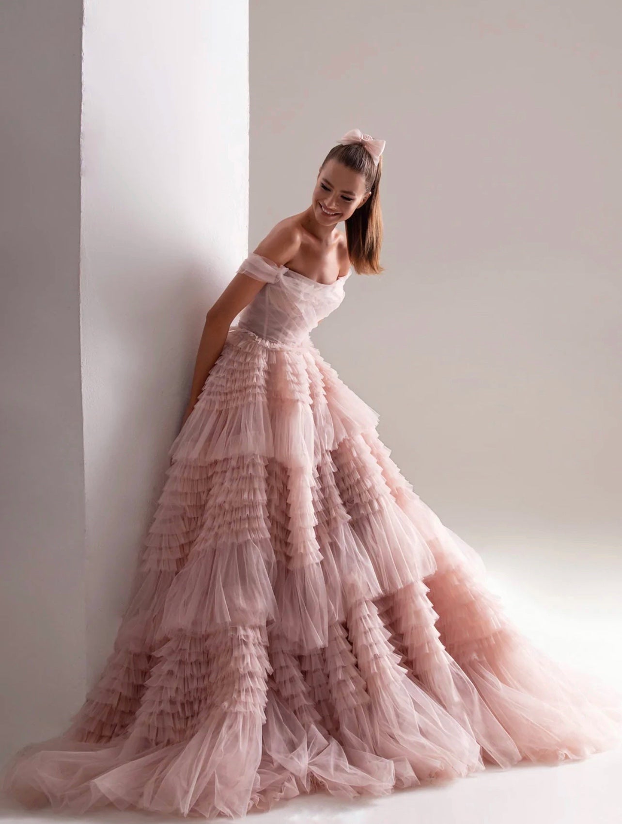 Misty Rose Off-The-Shoulder Frill-Layered Gown