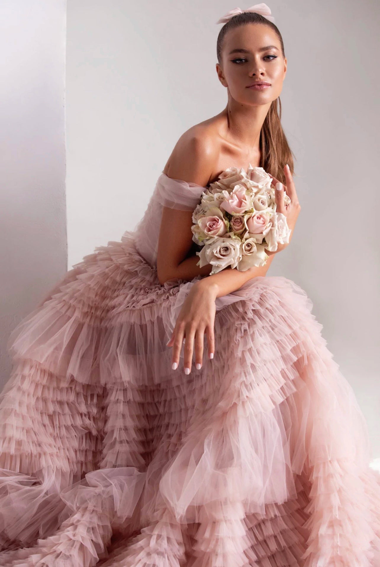 Misty Rose Off-The-Shoulder Frill-Layered Gown