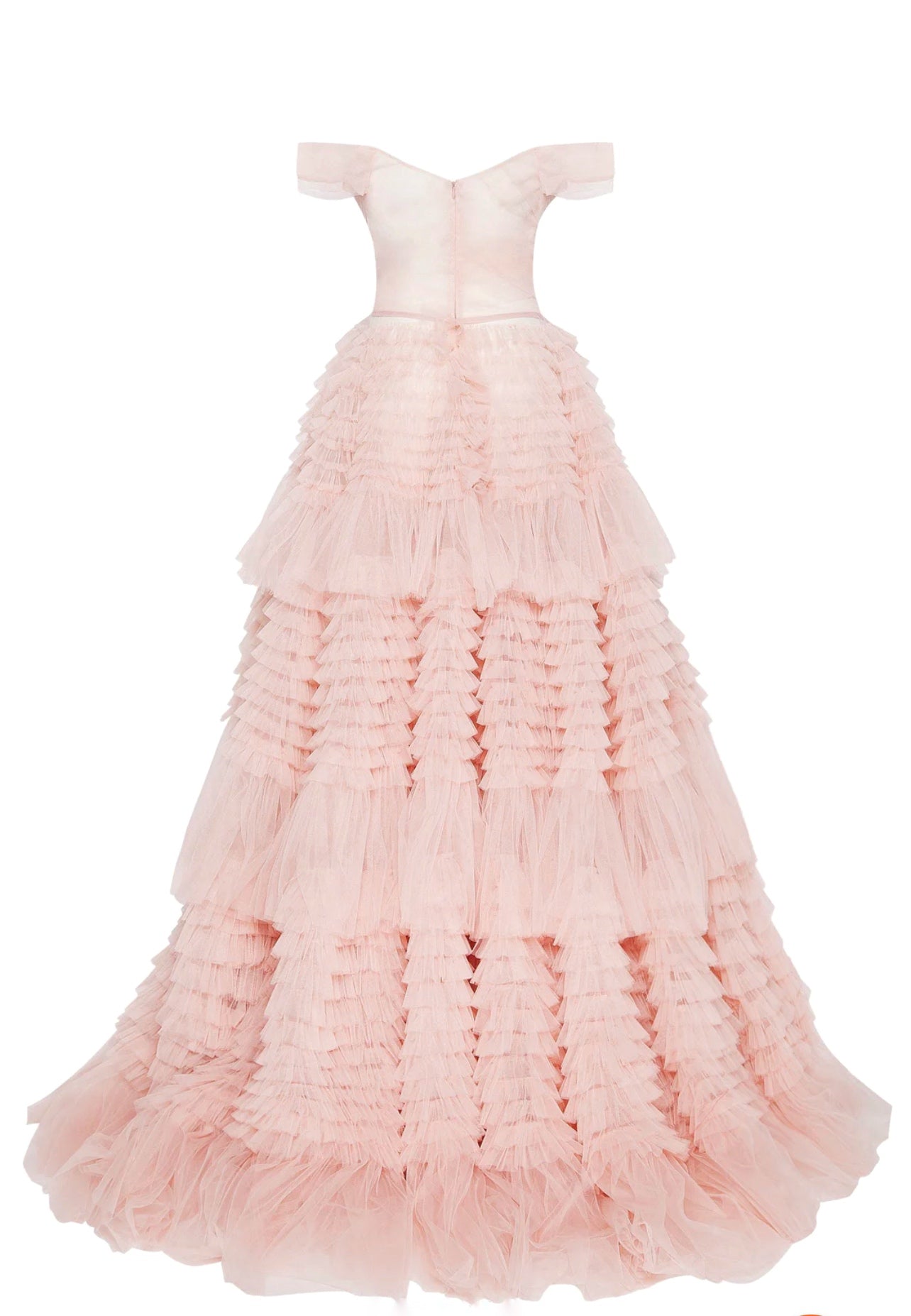 Misty Rose Off-The-Shoulder Frill-Layered Gown