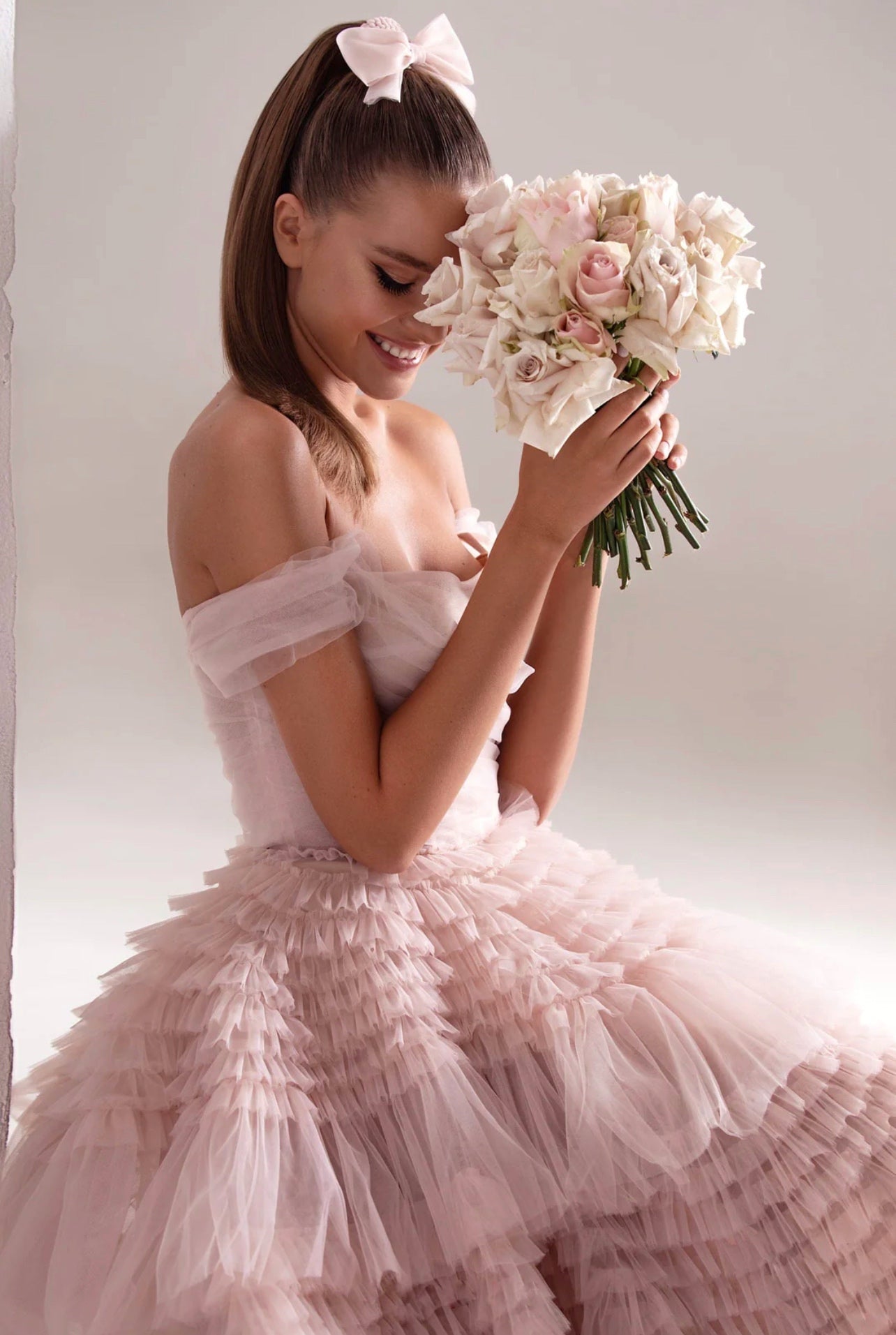 Misty Rose Off-The-Shoulder Frill-Layered Gown