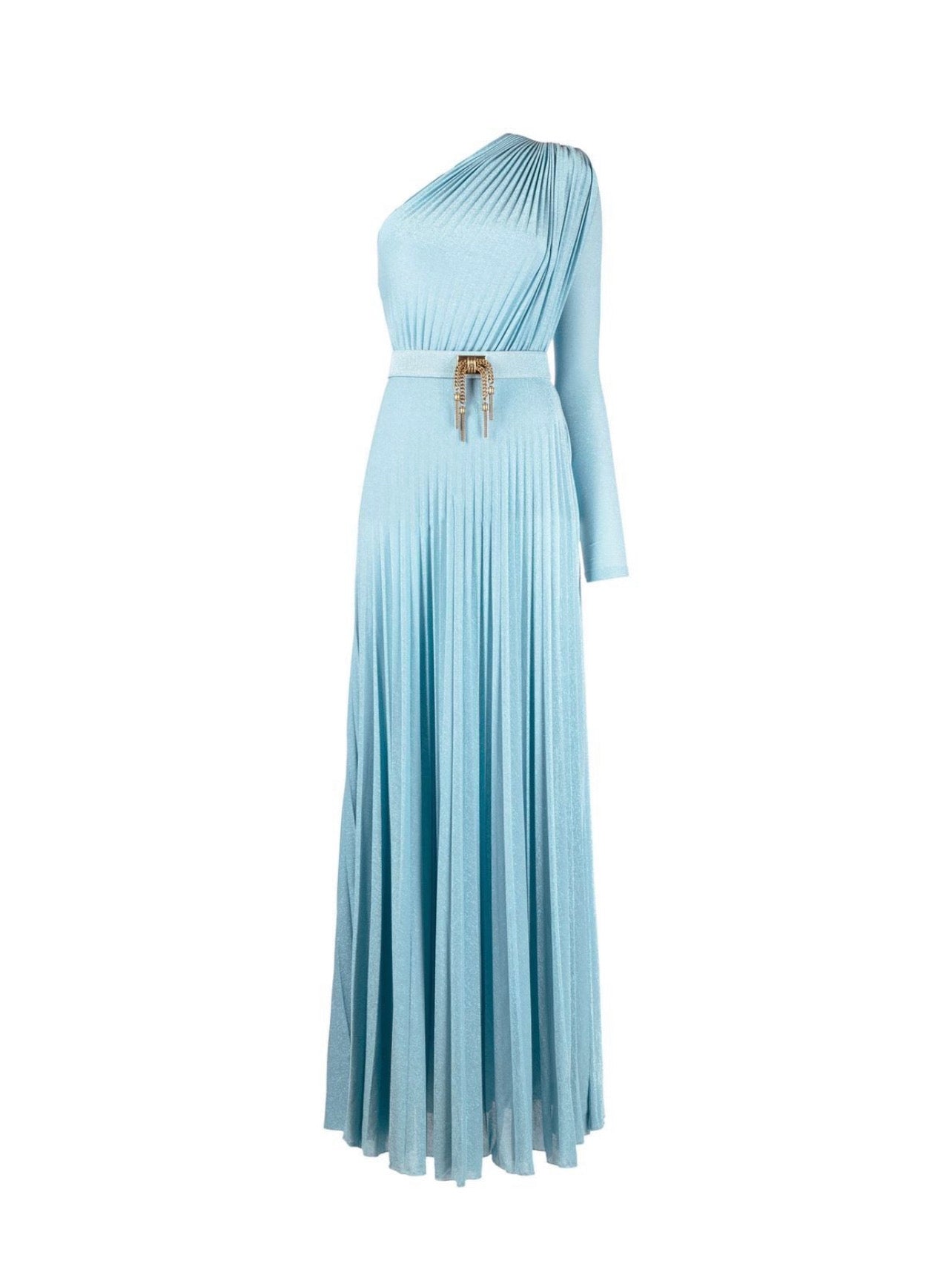 one-shoulder pleated gown