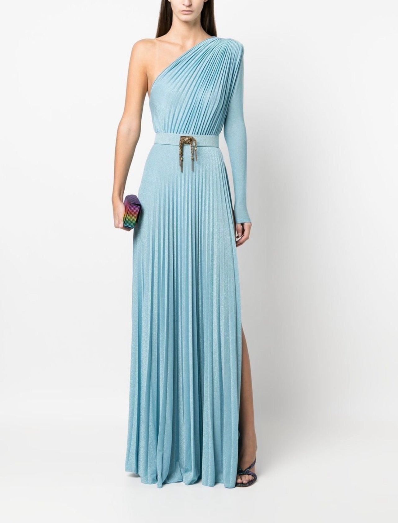 one-shoulder pleated gown