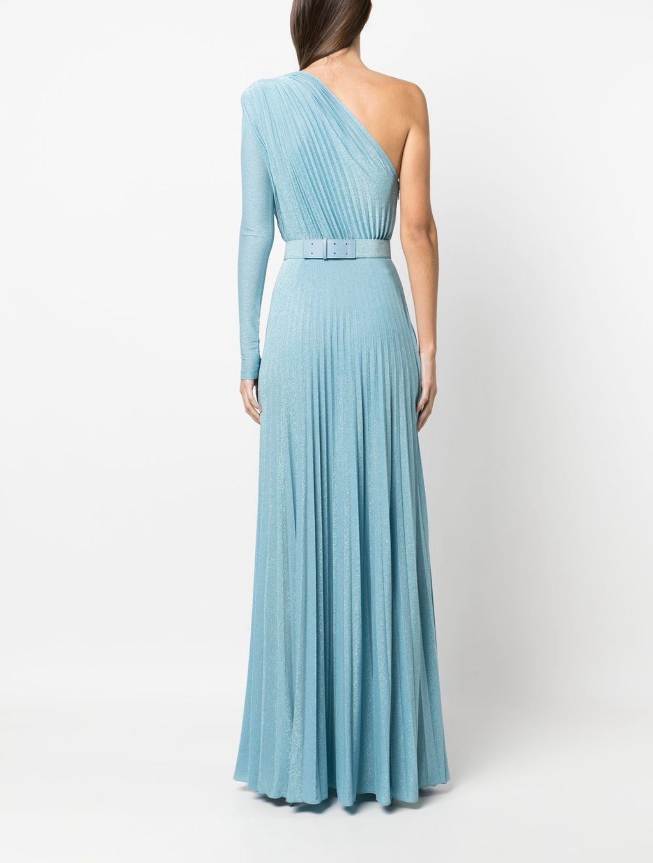 one-shoulder pleated gown