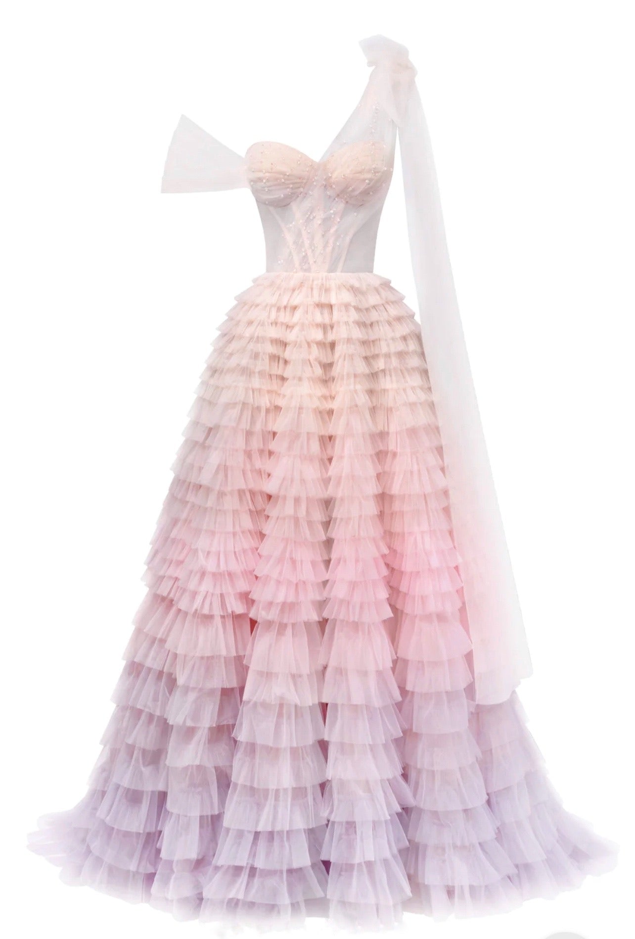 Charming ball gown with the frill-layered ombre maxi skirt