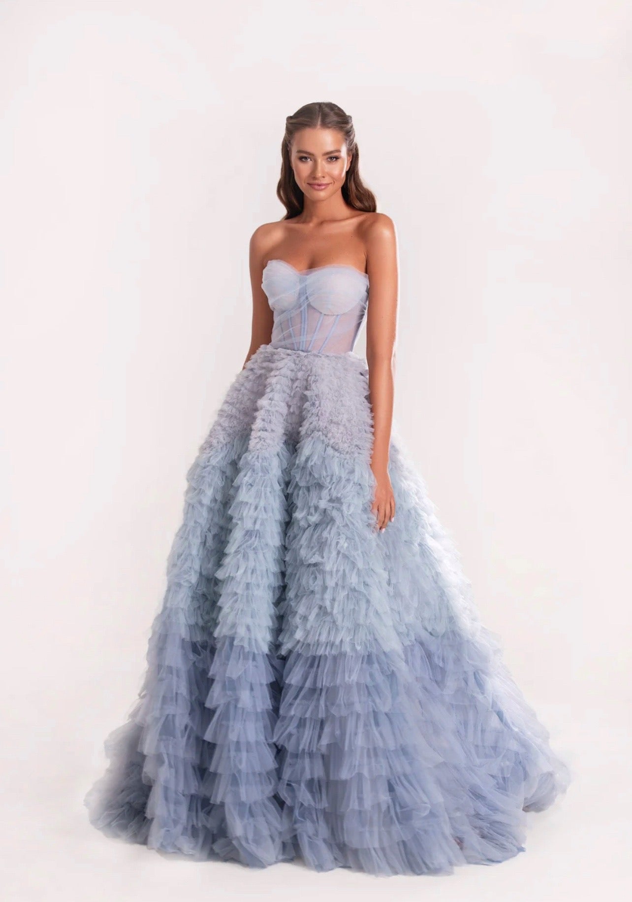 Light Blue Strapless Frill-Layered Fluffy Dress