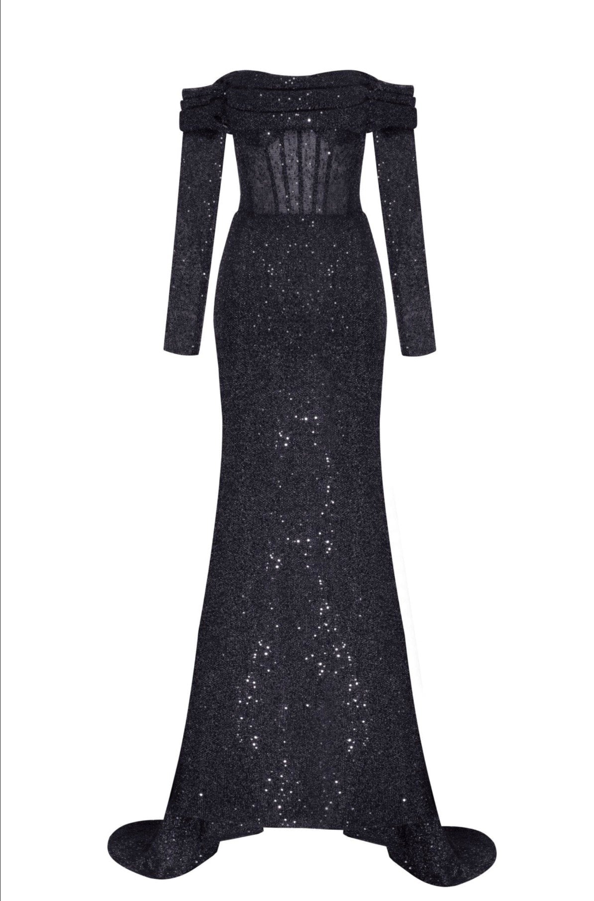 Elegant black off-the-shoulder sparkling maxi dress