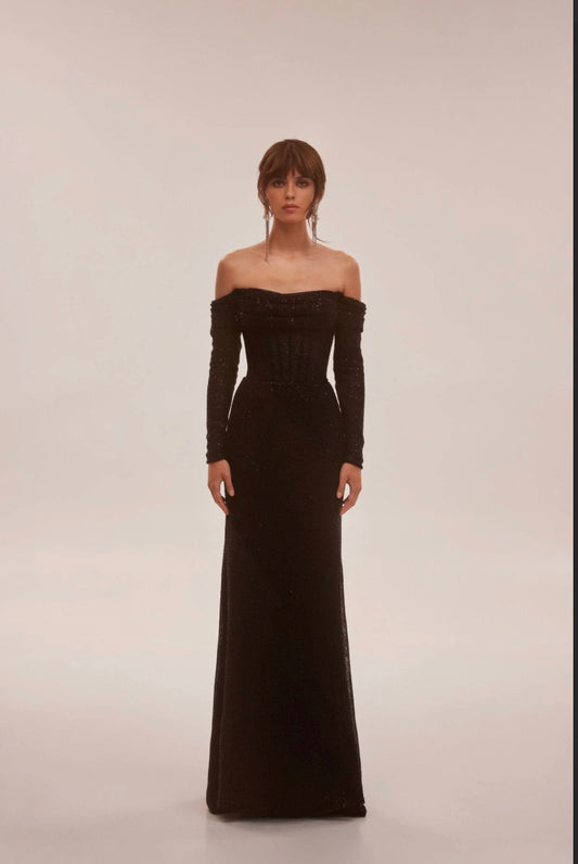 Elegant black off-the-shoulder sparkling maxi dress